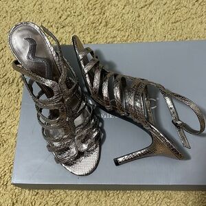 Size 6.5, shiny gray-silver, Nina high heels, lightly used